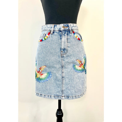 Anthropologie FARM Rio Embroidered Denim Mini Skirt in Blue Size XS Zip Fly