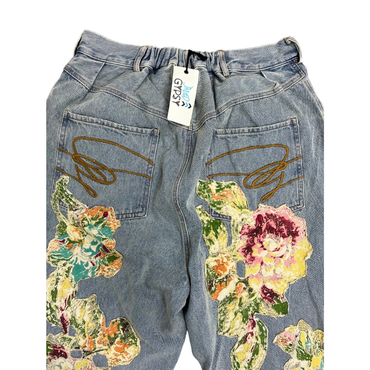 Jaded Gypsy Garden Walks Jeans Small/Medium Denim Floral Patch Zip Fly Raw Hem