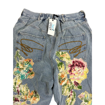 Jaded Gypsy Garden Walks Jeans Small/Medium Denim Floral Patch Zip Fly Raw Hem