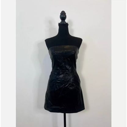 Nonchalant Dixie Mini Dress in Black Large Faux Leather Strapless Lined Party