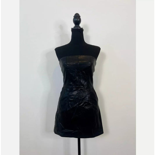 Nonchalant Dixie Mini Dress in Black Large Faux Leather Strapless Lined Party