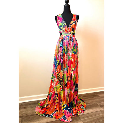 Rococo Sand Plum Cut-Out Maxi Dress in Mix Fruit Floral Sleeveless Lined Slit Front