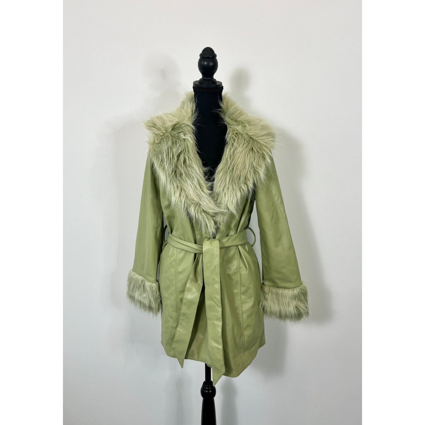 Show Me Your Mumu Penny Lane Coat in Sage Green Medium Faux Leather Lined Belted