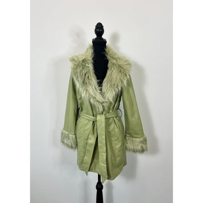 Show Me Your Mumu Penny Lane Coat in Sage Green Medium Faux Leather Lined Belted