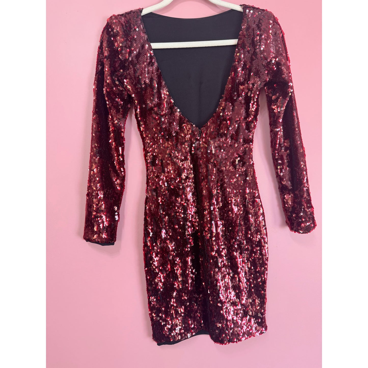 Dress The Population Lola Long Sleeve Red Sequin Mini Dress Size XS