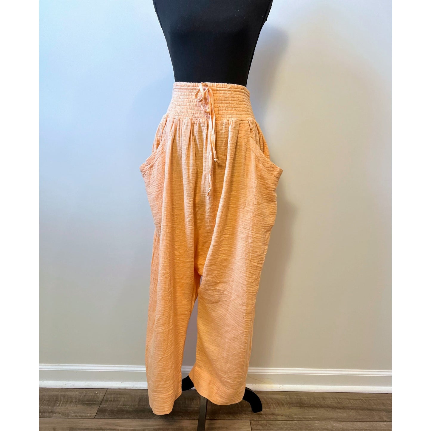 Free People Wide-Leg Pants Peach Medium Pull On Drawstring Elastic Waist Pockets