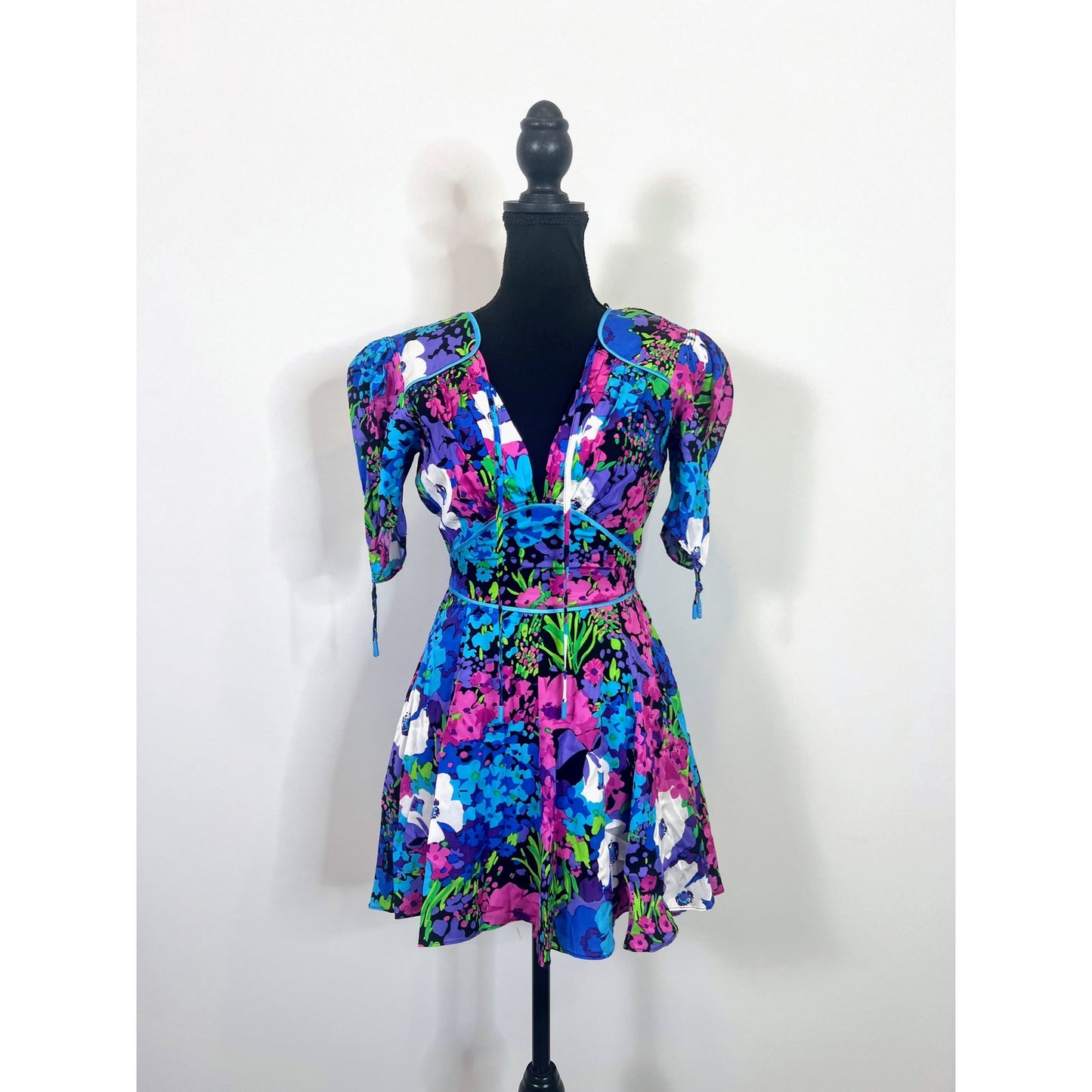 Alice McCall Midnight Radio Mini Dress Glacier Multi Size 2 Floral Puff Sleeve