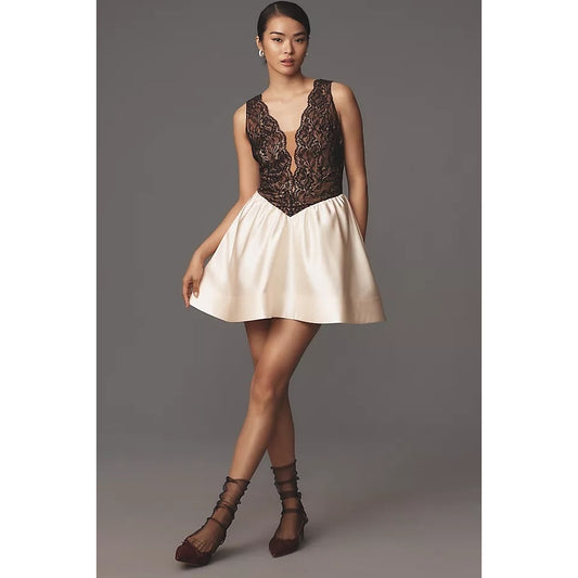 NEW Maeve Anthropologie Twofer Basque-Waist Mini Dress Black and Cream Size 6