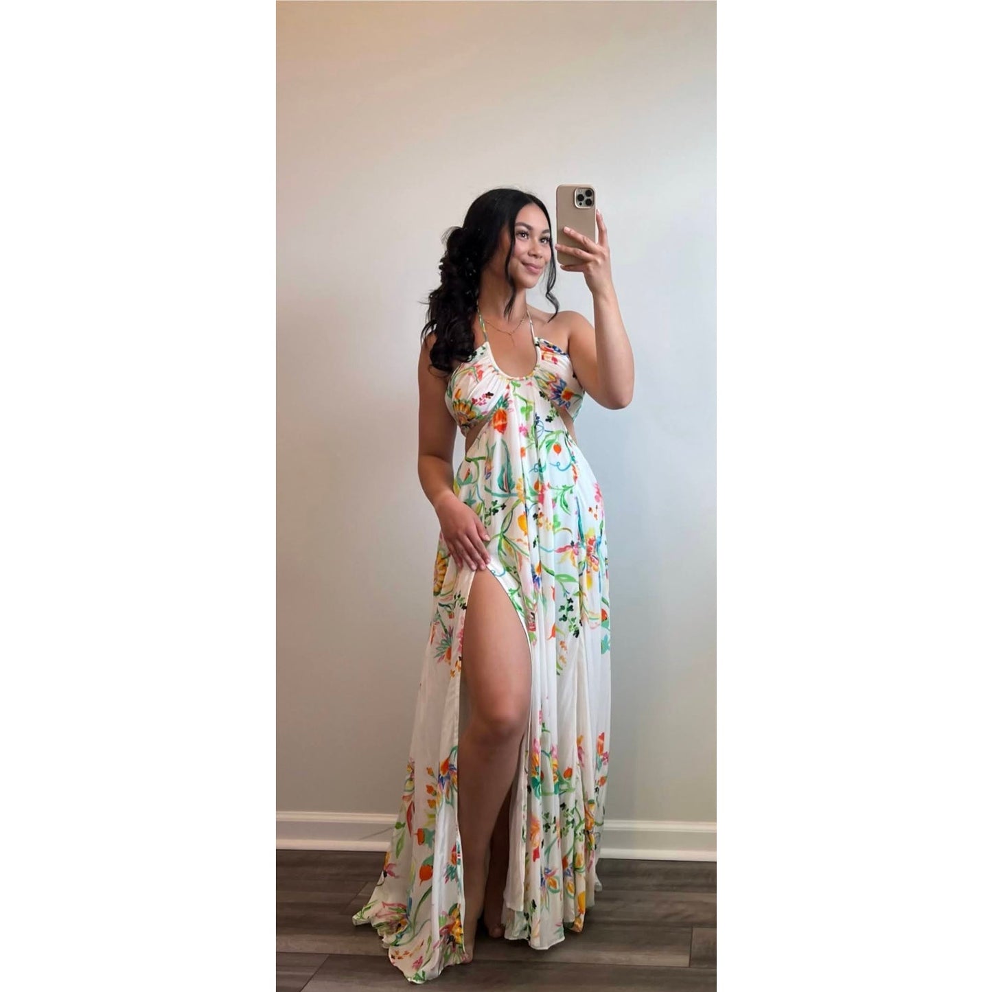 Rococo Sand Susan Maxi Dress in White Floral Halter Cutout Side Slit Summer