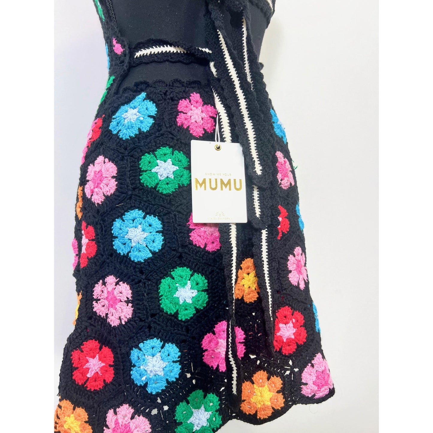 Show Me Your Mumu Happy Halter Mini Dress in Multi Black Flower Crochet Small