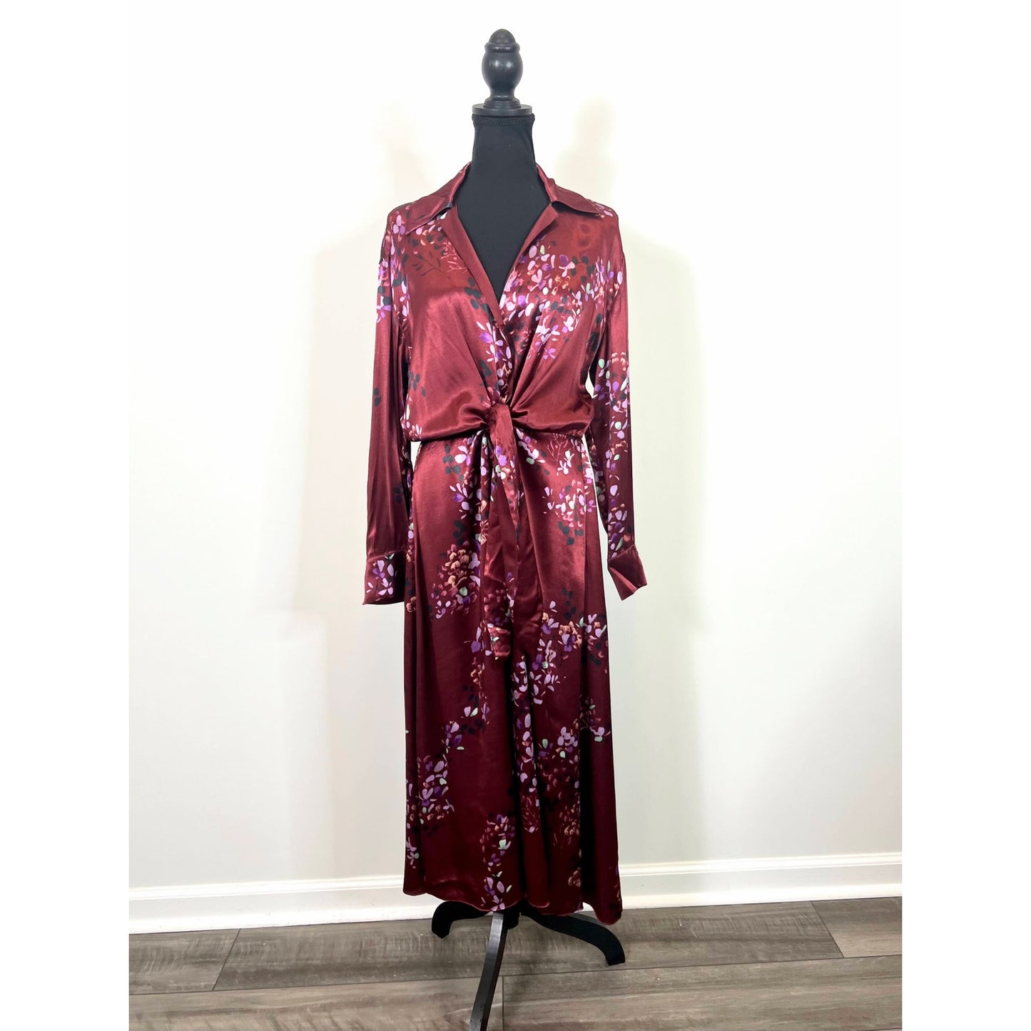 Vince Forsythia Tie Front Midi Dress in Dark Cinnamon Medium Floral Long Sleeve