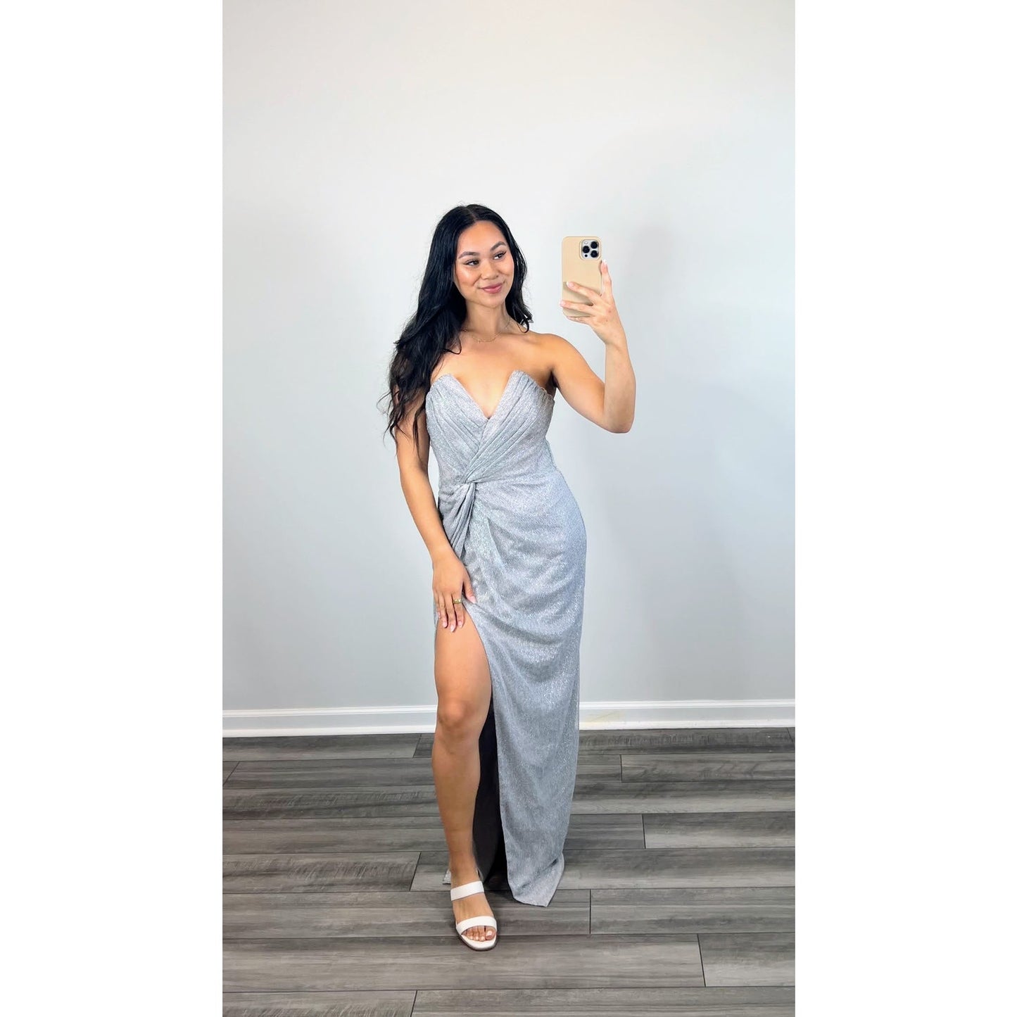 Katie May x Revolve Finn Gown Maxi Dress in Silver Medium Metallic Side Slit