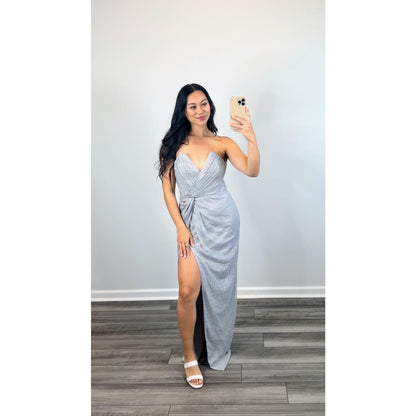 Katie May x Revolve Finn Gown Maxi Dress in Silver Medium Metallic Side Slit