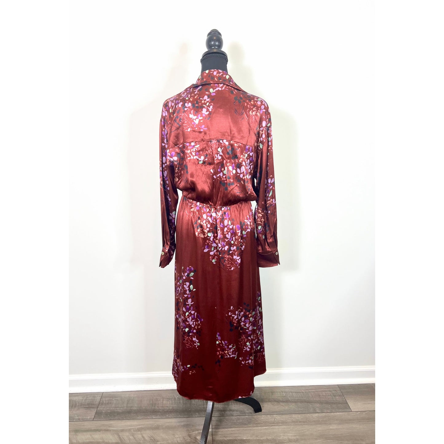 Vince Forsythia Tie Front Midi Dress in Dark Cinnamon Medium Floral Long Sleeve