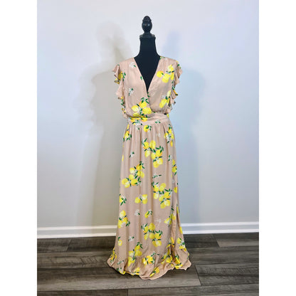 Majorelle Sweet Pea Maxi Dress in Tan Lemon Size XL Cap Sleeve V-Neck Lined