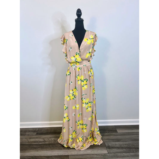 Majorelle Sweet Pea Maxi Dress in Tan Lemon Size XL Cap Sleeve V-Neck Lined