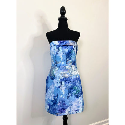 Monique Lhuillier Evening Iris Jacquard Strapless Mini Dress Blue Size 10 Lined