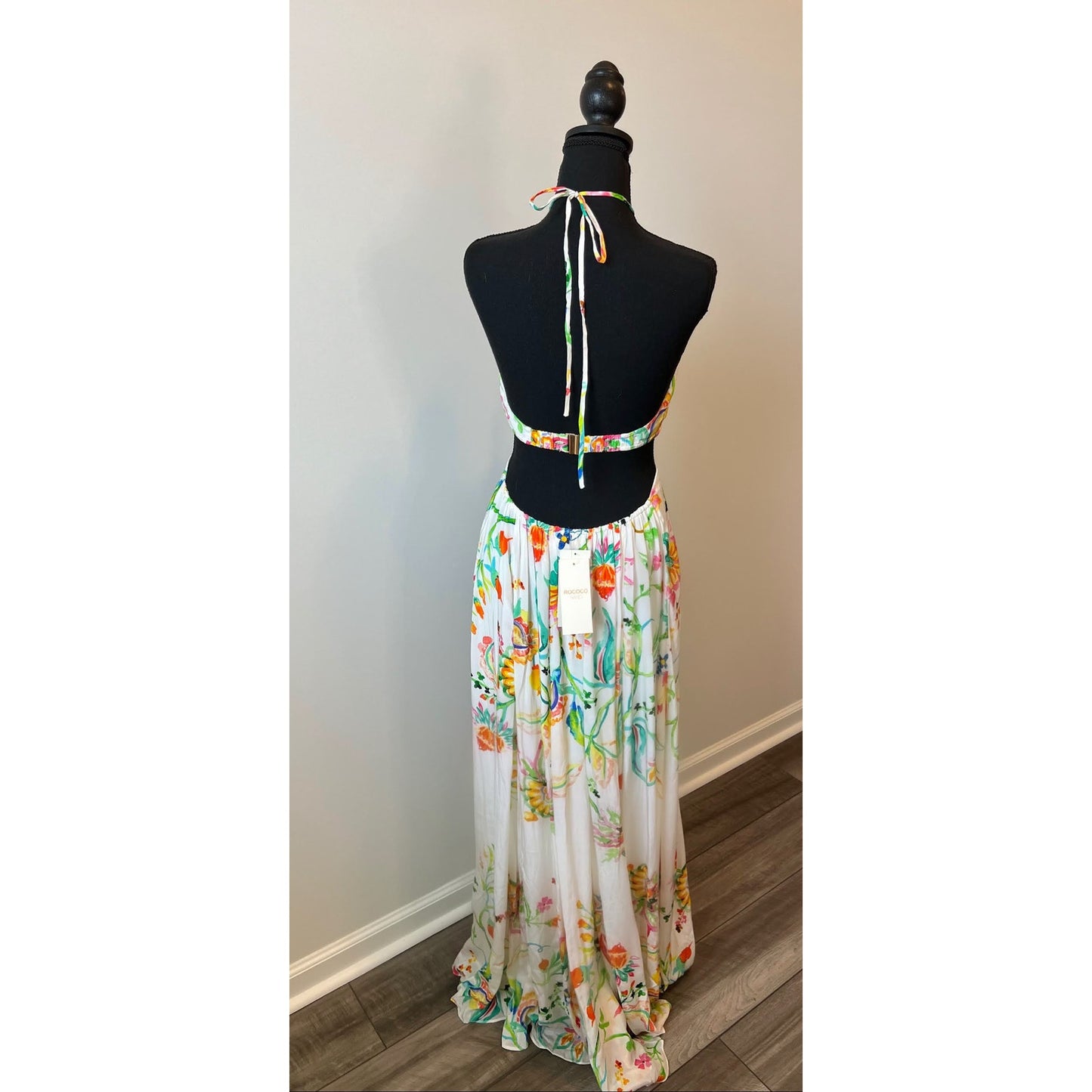 Rococo Sand Susan Maxi Dress in White Floral Halter Cutout Side Slit Summer