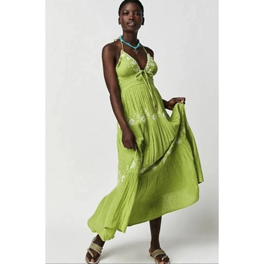 NEW NWT Free People Real Love Embroidered Halter Maxi Dress Lace Fern Combo Size Medium