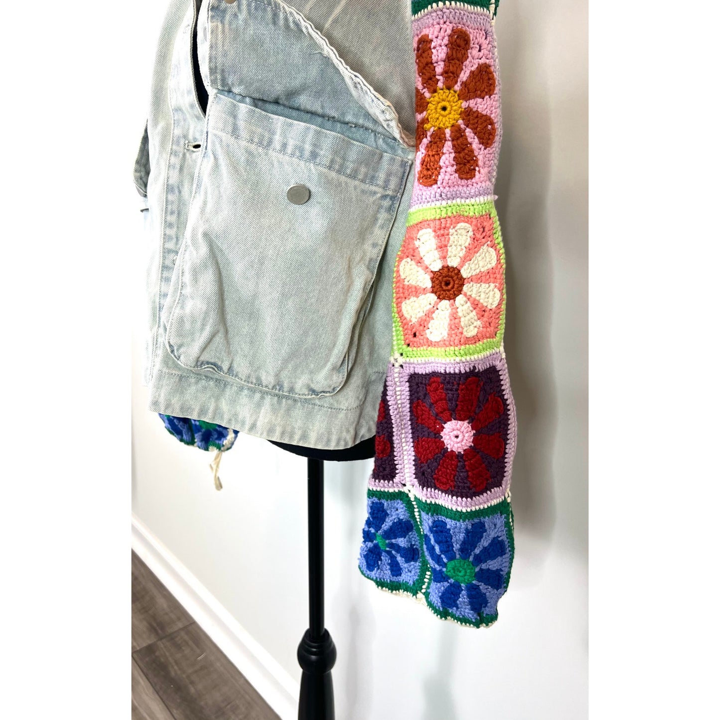 Blank NYC Young Love Jacket in Multi Medium Denim Floral Crochet Stretch Classic