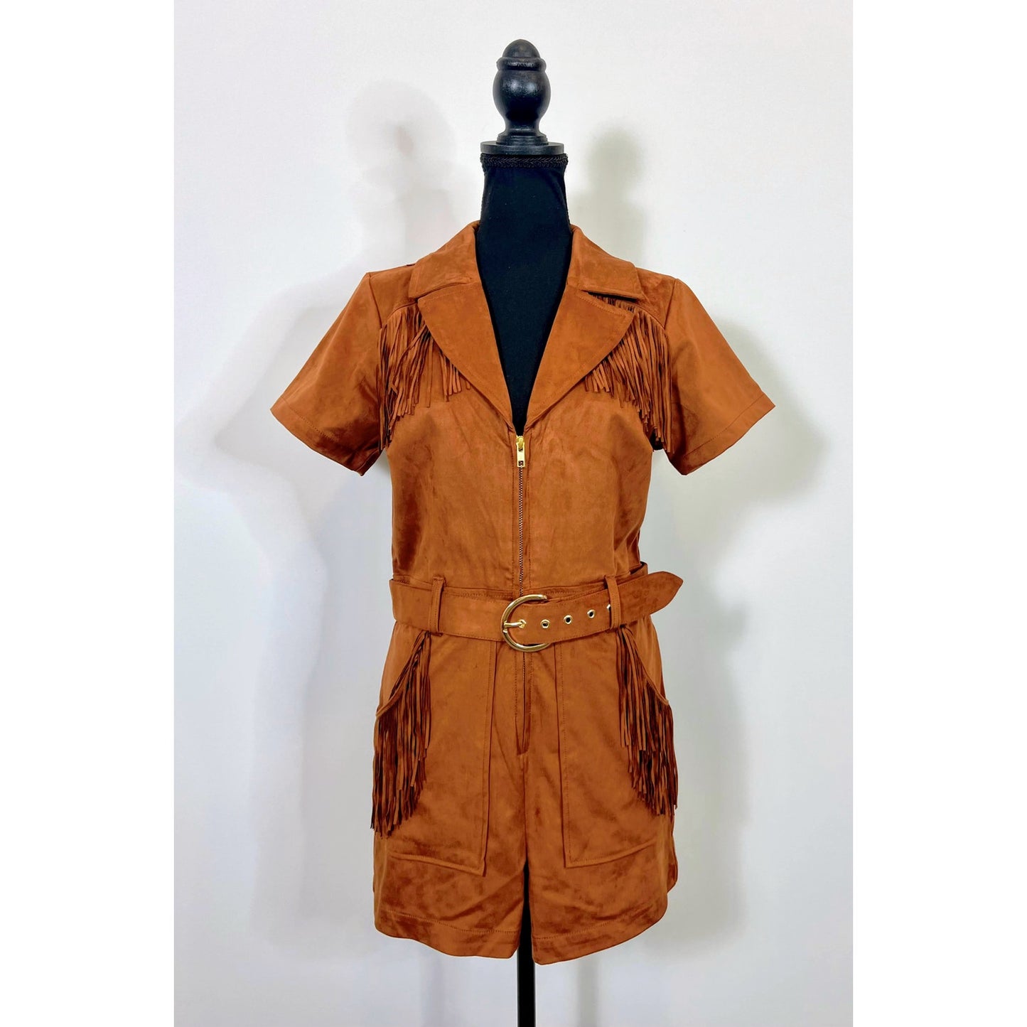 Show Me Your Mumu Outlaw Romper in Cognac Fringe Faux Suede Large Zip Front