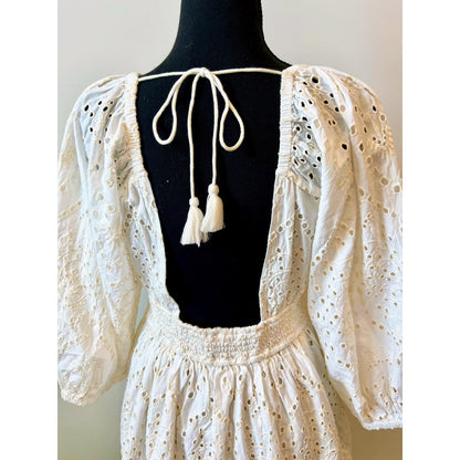 CleoBella Aria Mini Dress White Small Long Sleeve Embroidered Eyelet Tasseled