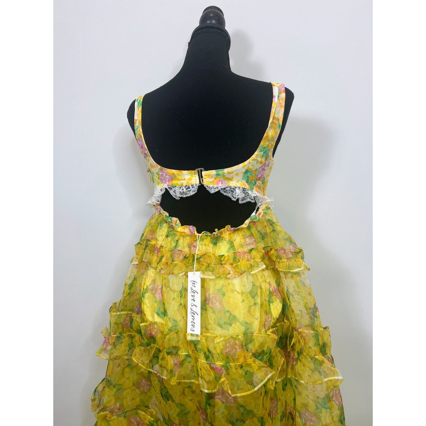 For Love & Lemons Vikki Sheer Tiered Floral Maxi Dress in Yellow Multi Size XS