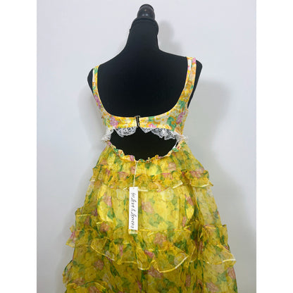 For Love & Lemons Vikki Sheer Tiered Floral Maxi Dress in Yellow Multi Size XS