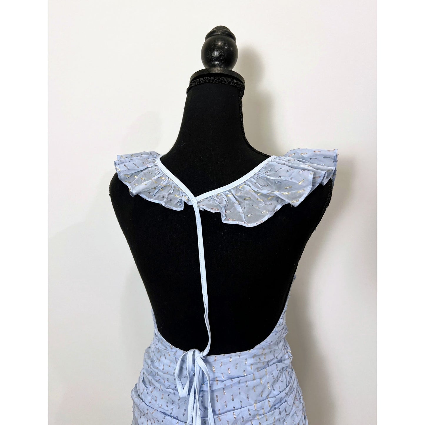 For Love & Lemons Chantal Mini Dress in Blue Small Tiered Ruffle Metallic Lined