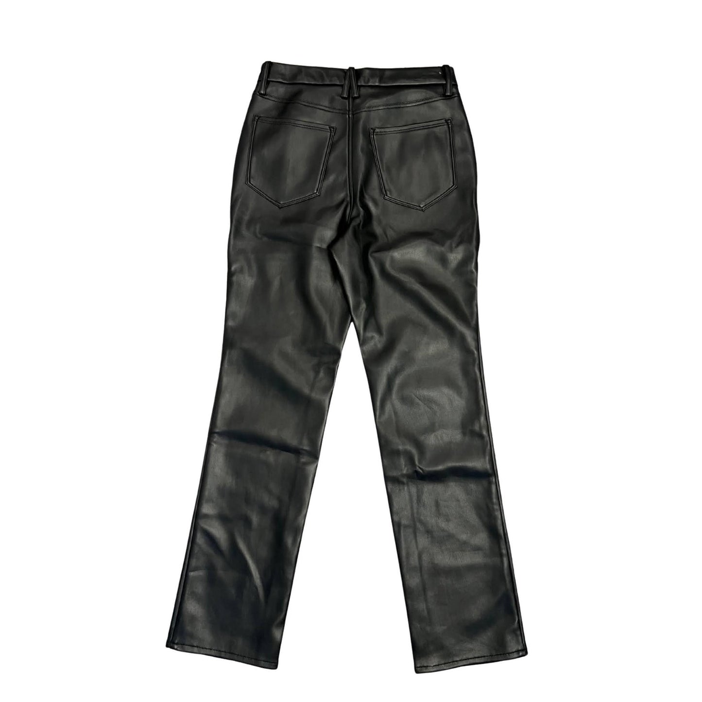 Good American Cut Out Leather Pants in Black Straight Leg Zip Fly Pockets