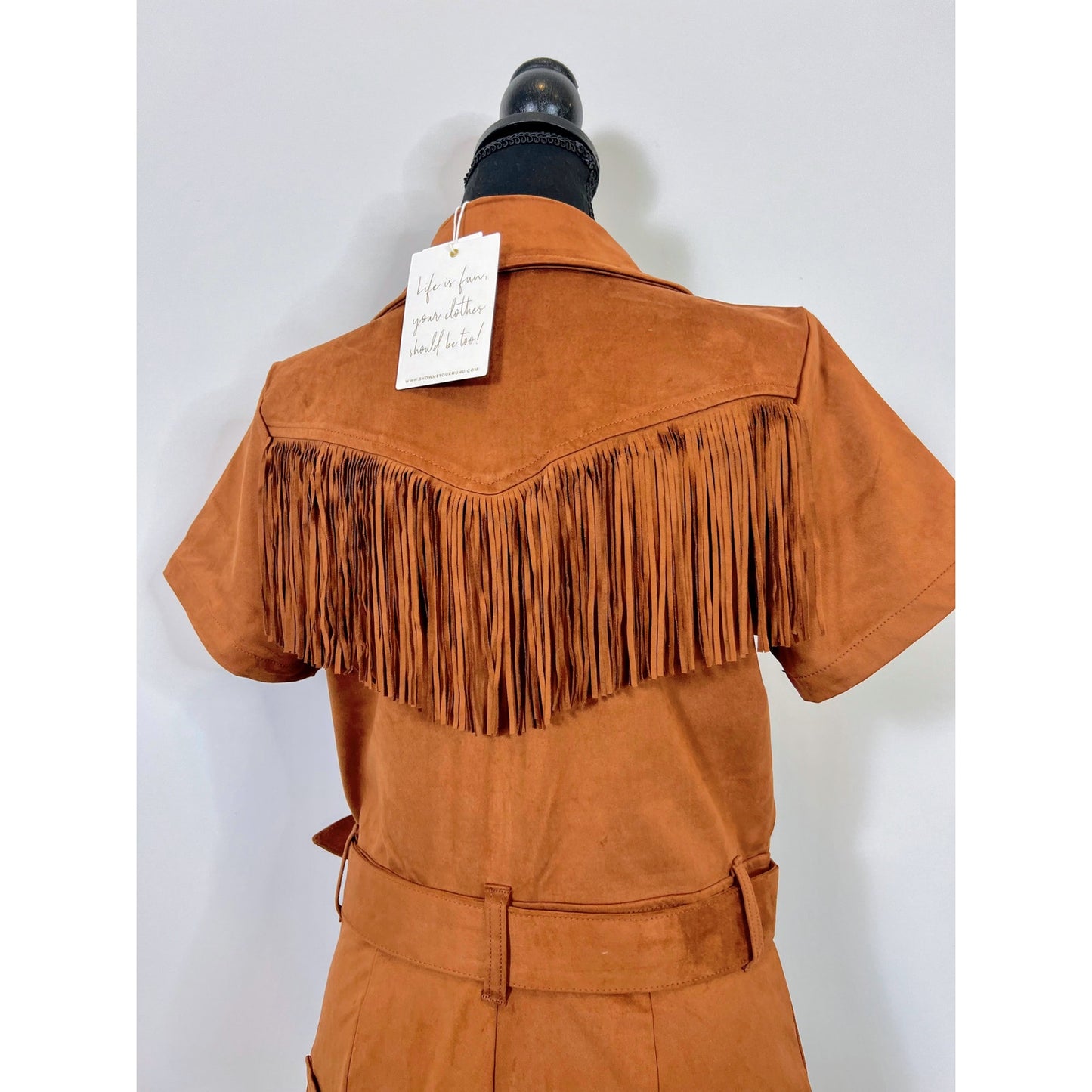 Show Me Your Mumu Outlaw Romper in Cognac Fringe Faux Suede Large Zip Front