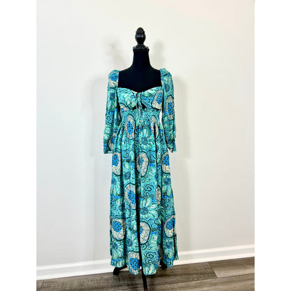 Rhode Phoenix Midi Dress in Aquatic Bloom Blue Size 4 Long Sleeve Cutout Lined