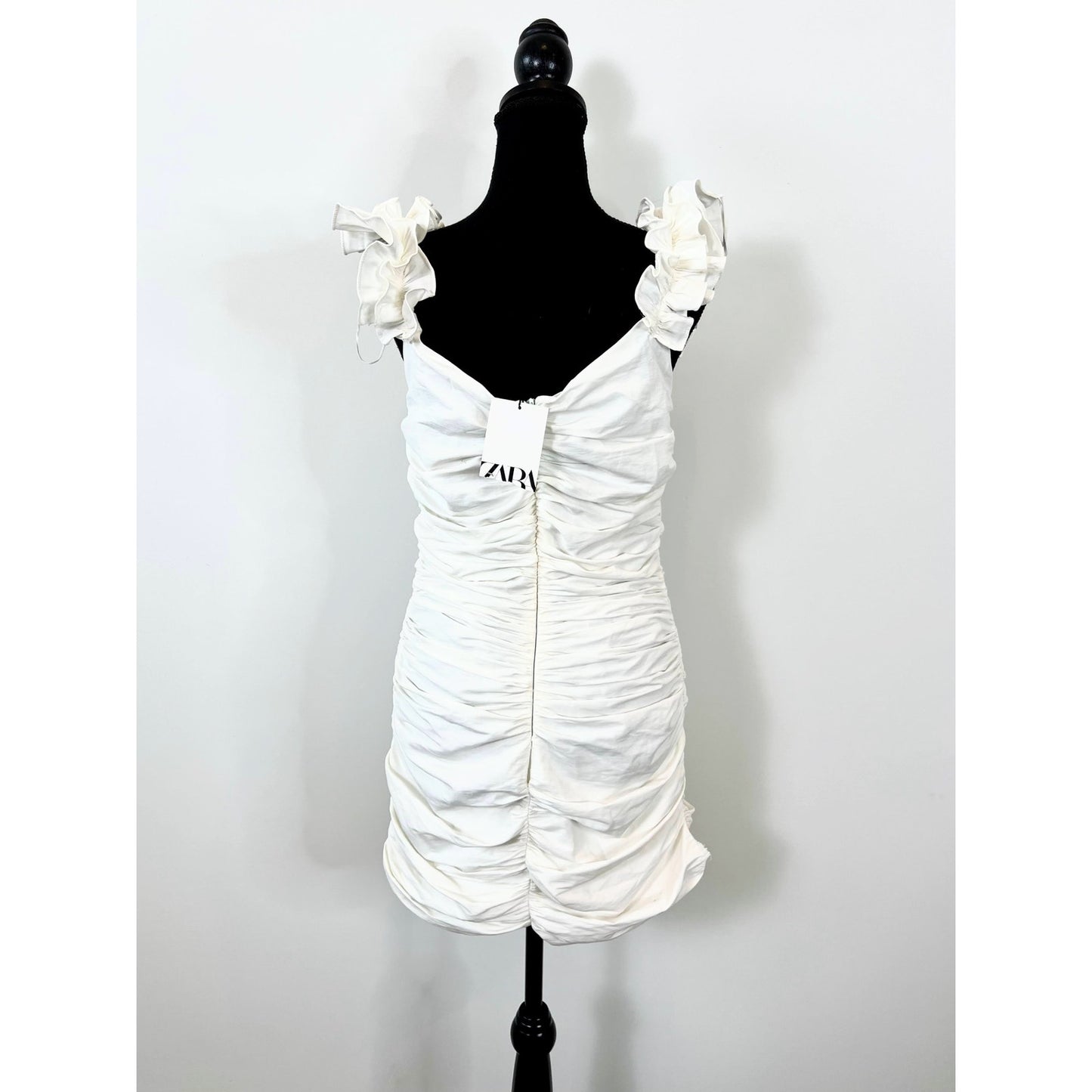 Zara Women's Off White Draped Linen Blend Mini Dress Large Ruffle Sleeveless