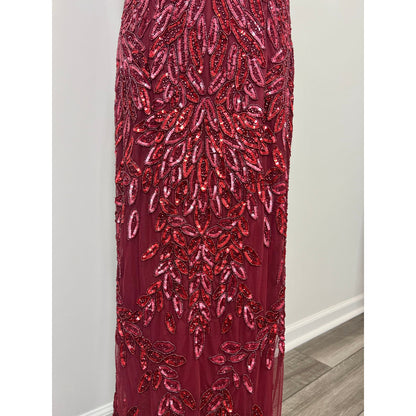 Mac Duggal Embellished Leaf Evening Gown Burgundy Size 10 Plunging Neck Cocktail