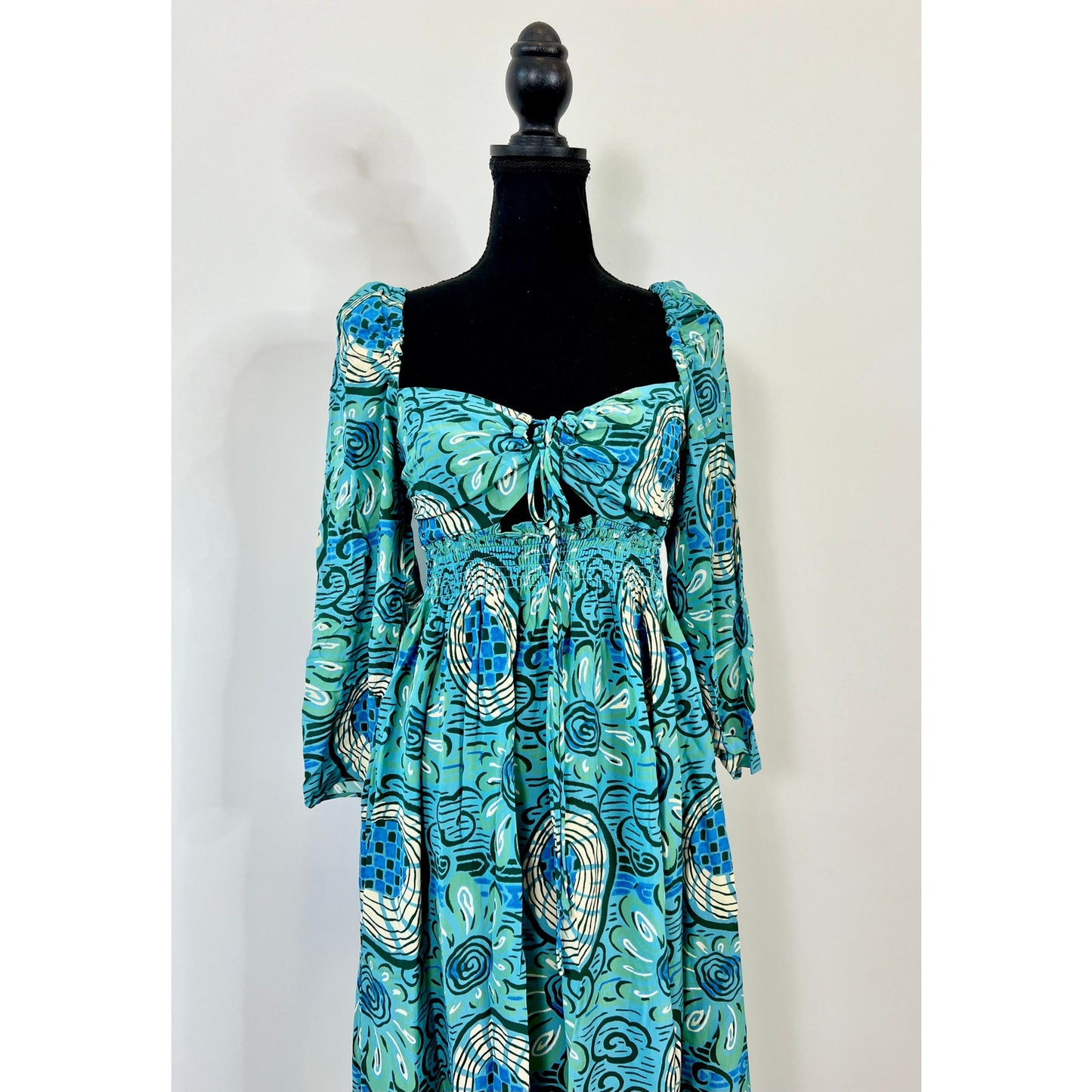 Rhode Phoenix Midi Dress in Aquatic Bloom Blue Size 4 Long Sleeve Cutout Lined