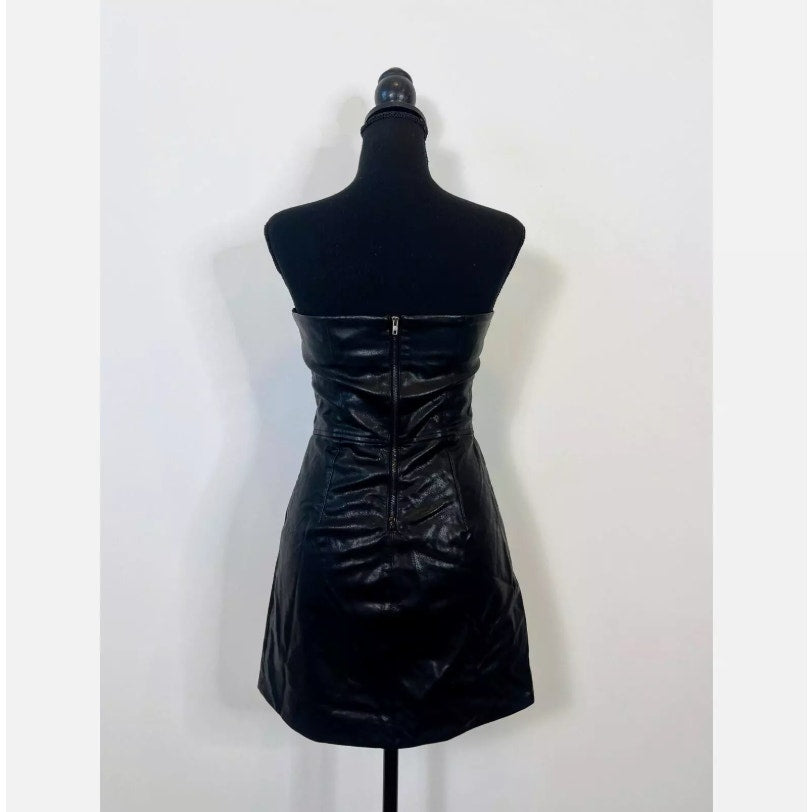 Nonchalant Dixie Mini Dress in Black Large Faux Leather Strapless Lined Party