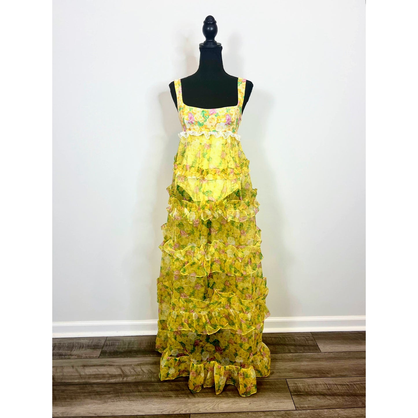 For Love & Lemons Vikki Sheer Tiered Floral Maxi Dress in Yellow Multi Size XS