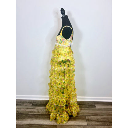 For Love & Lemons Vikki Sheer Tiered Floral Maxi Dress in Yellow Multi Size XS