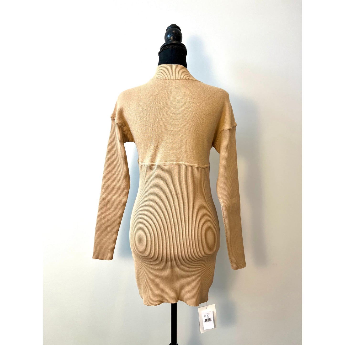 LVIR Womens Daytime Mini Ribbed Sweater Dress in Beige Small Knit Quarter Zip