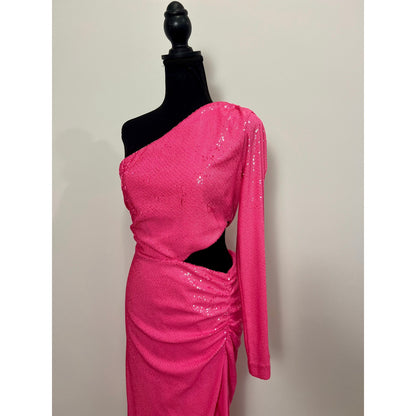 L'Agence Christie One Shoulder Dress in Pink Sequin Sz 6 Cutout Lined Side Slit