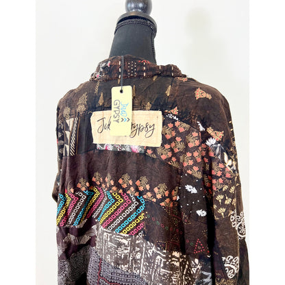 Jaded Gypsy Button Down Shirt in Brown One Shirt Patchwork Floral Long Sleeve