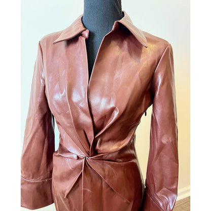 Cinq à Sept Vegan Leather McKenna Shirt Dress in Tobacco Sz 4 Long Sleeve Lined