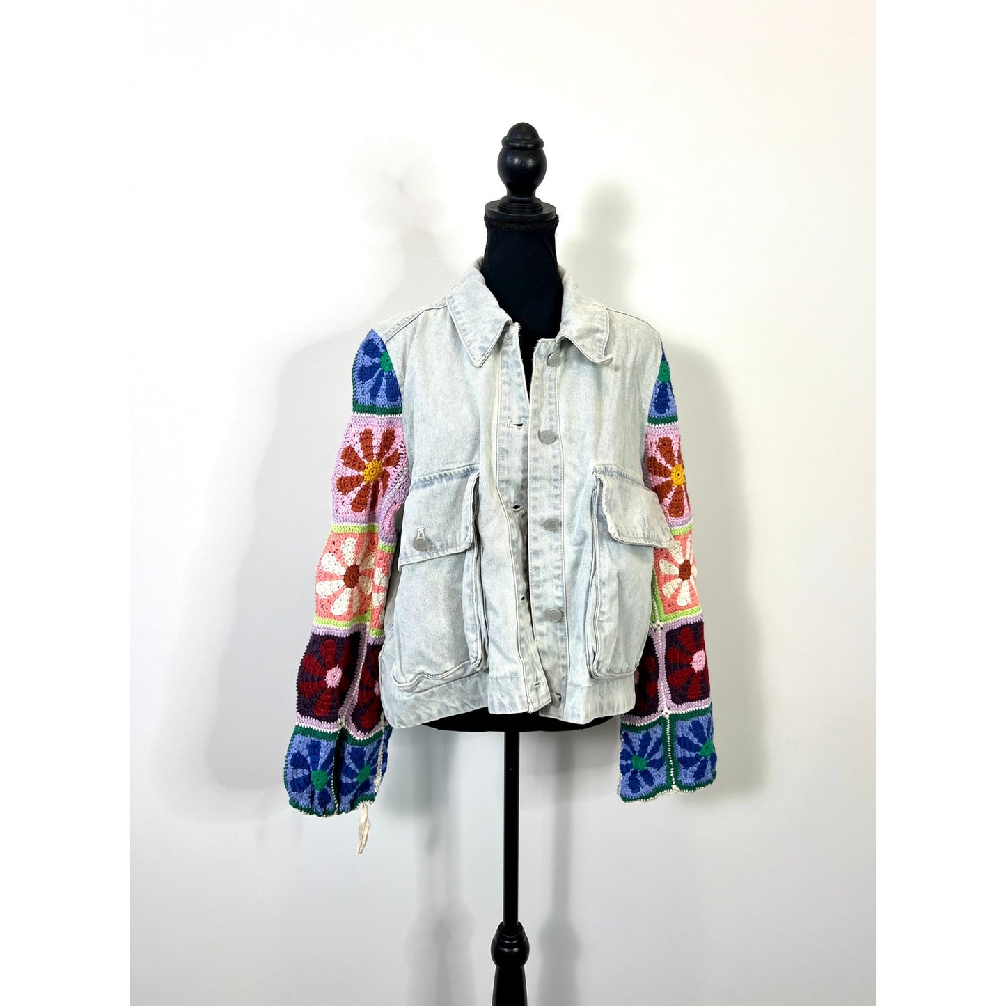 Blank NYC Young Love Jacket in Multi Medium Denim Floral Crochet Stretch Classic