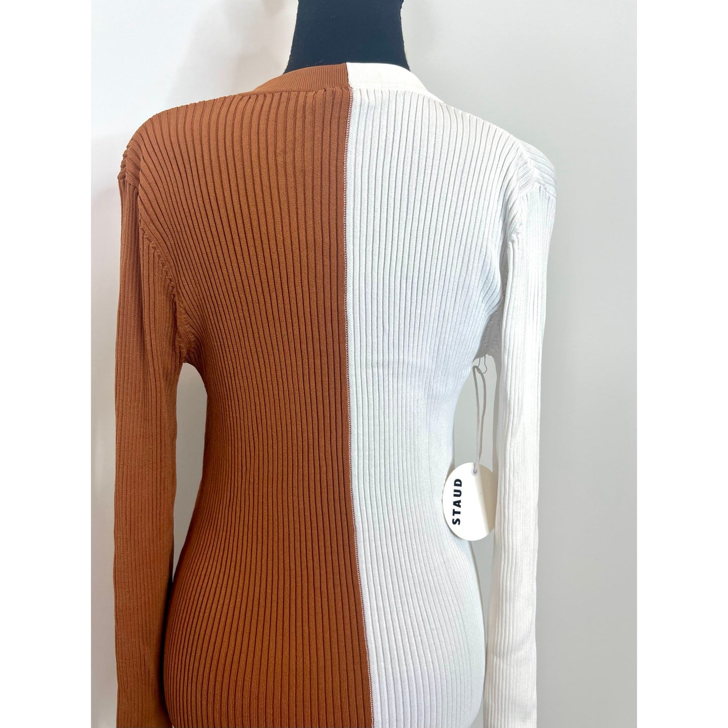 STAUD Shoko Sweater Dress Tan/White Size XL Knit Ribbed Button Front Long Sleeve