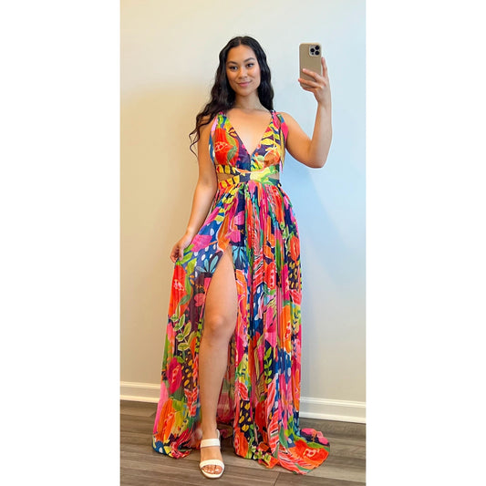 Rococo Sand Plum Cut-Out Maxi Dress in Mix Fruit Floral Sleeveless Lined Slit Front