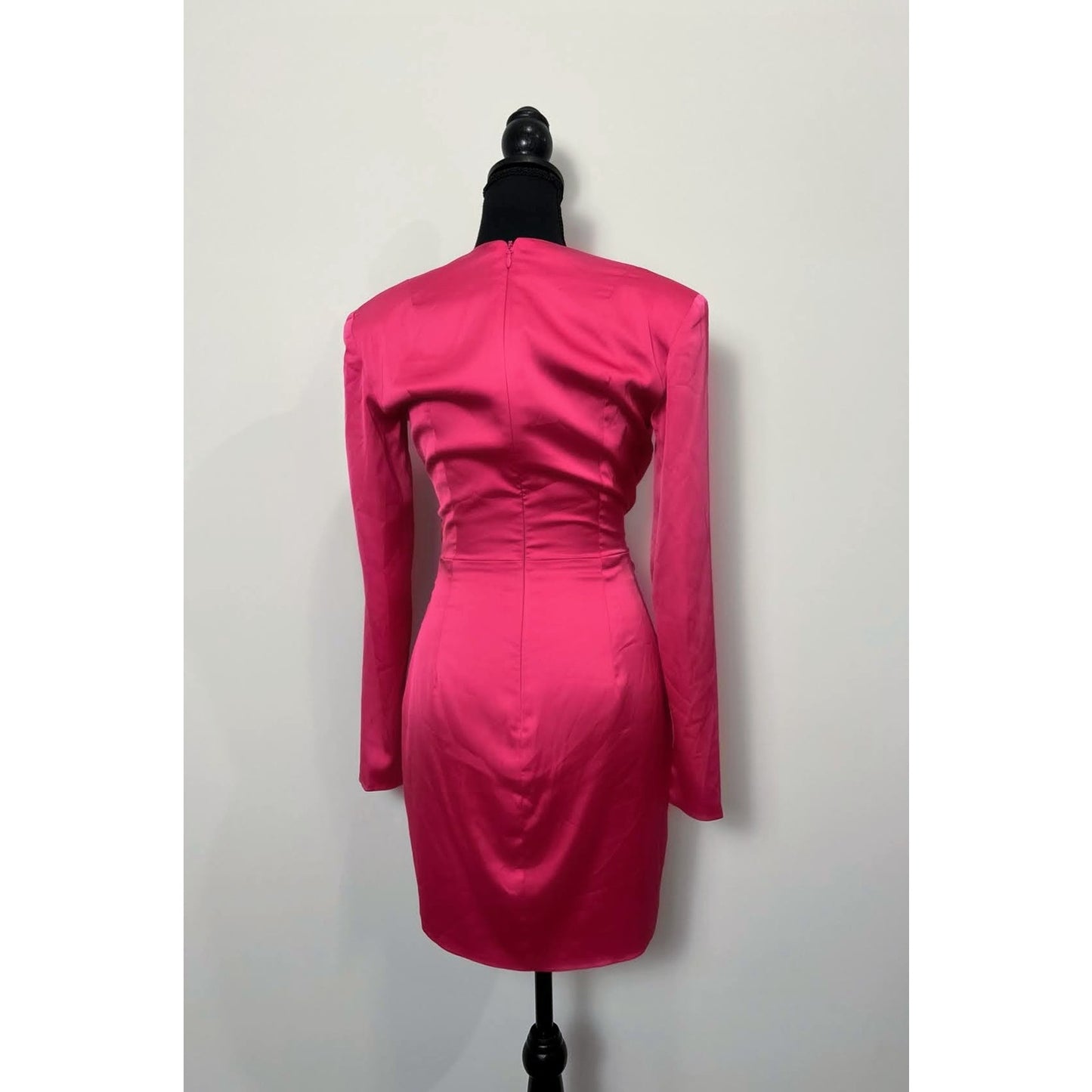 House of CB Nelinha Wrap Dress in Hot Pink Small Satin Long Sleeve V-Neck Lined