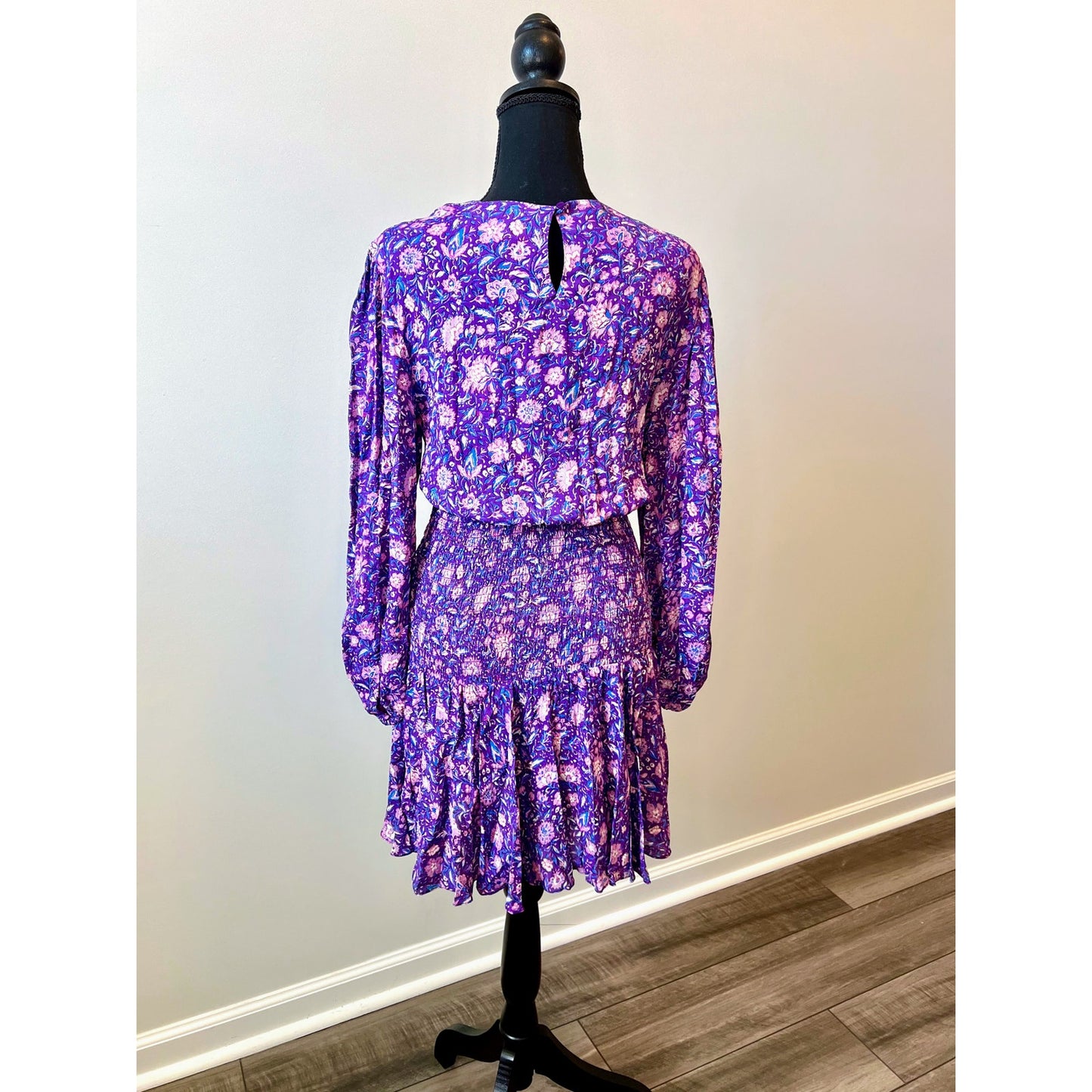 Maje Roleta Floral Cutout Dress Purple Size 36 Long Sleeve Ruched Ruffle Lined