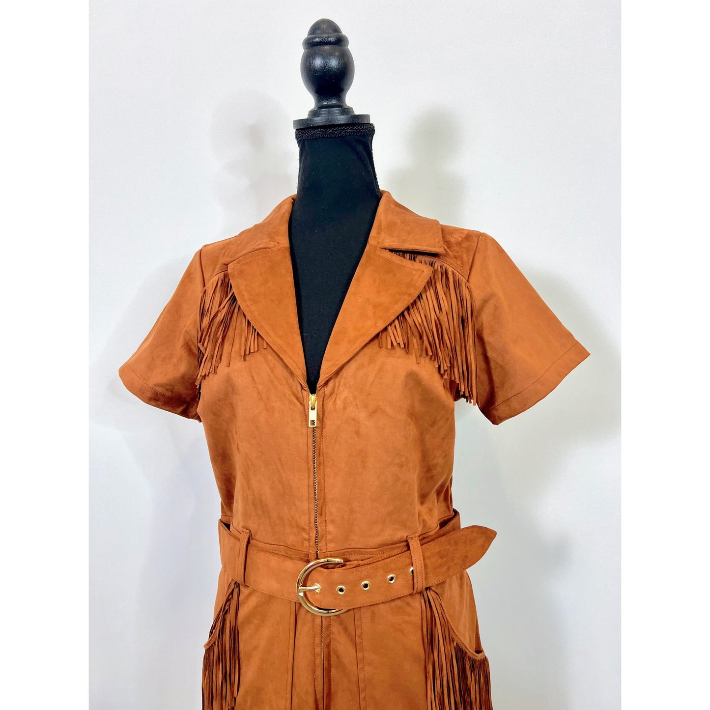 Show Me Your Mumu Outlaw Romper in Cognac Fringe Faux Suede Large Zip Front