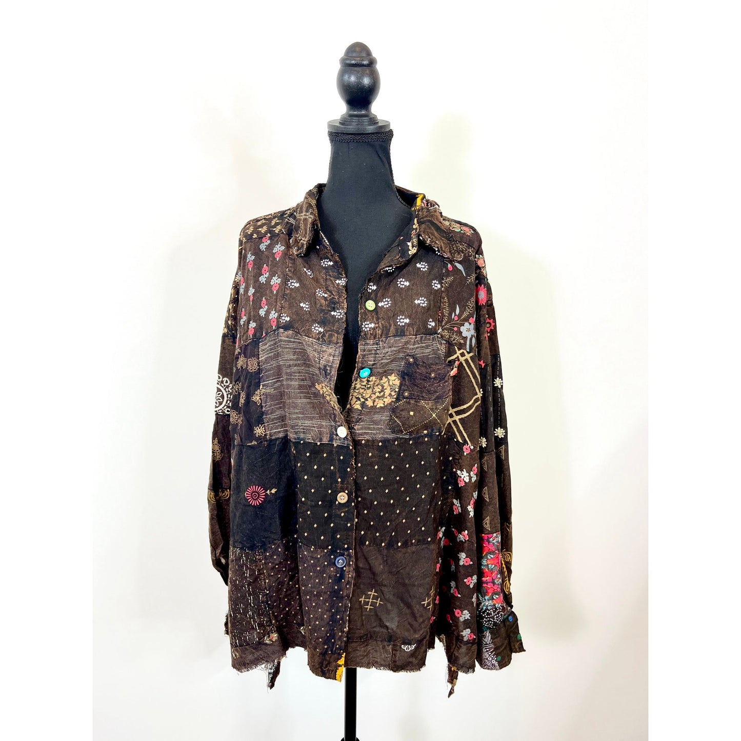 Jaded Gypsy Button Down Shirt in Brown One Shirt Patchwork Floral Long Sleeve