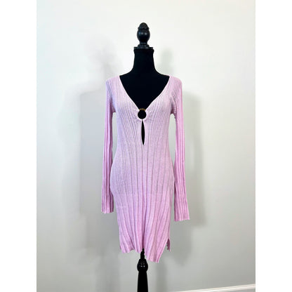 L Space Wailea Swim Coverup in Peony Pink Medium Long Sleeve Ring Keyhole Neck